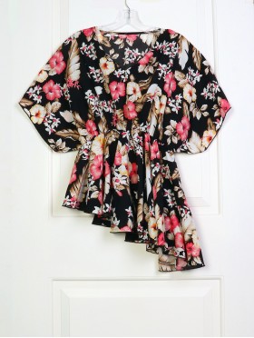 Asymmetrical Stretchy Floral Print Top w/ Cross Collar